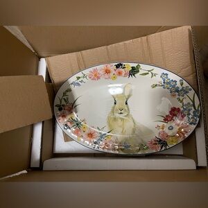 Pottery Barn Floral Bunny Stoneware Serving Platter Ester Spring NIB